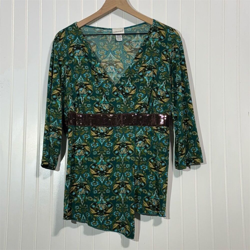 Fashion Bug Plus 18/20 Top Green Baroque Print Sequin Waist Surplice Asym Hem